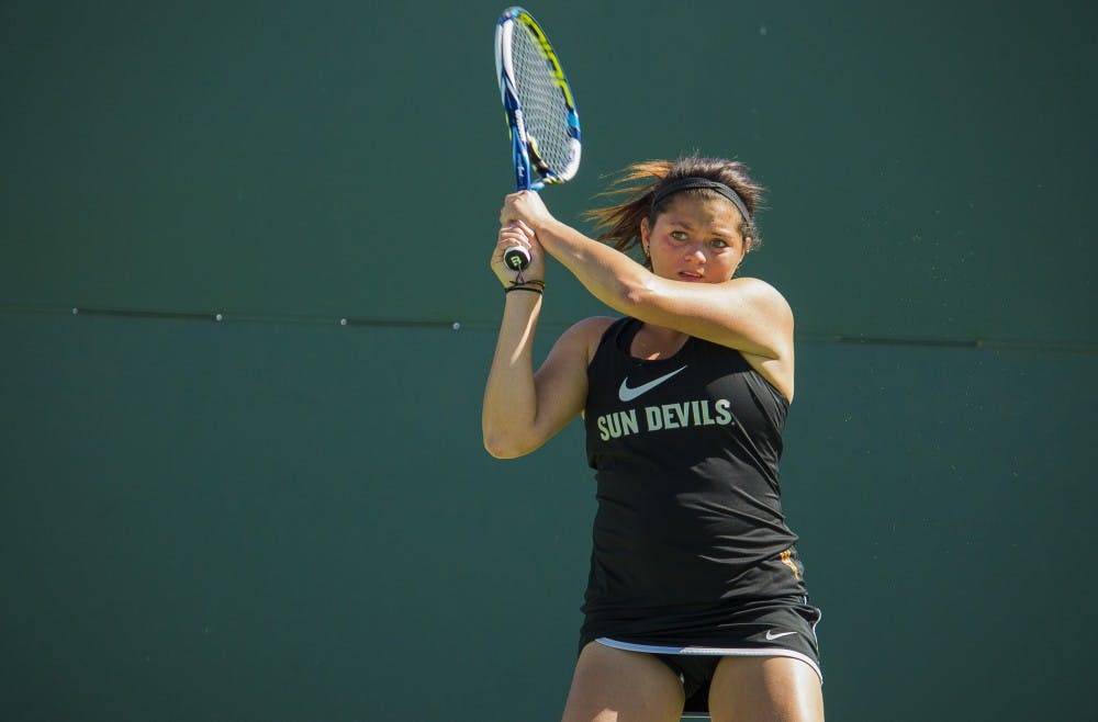 ASU senior Leighann Sahagun returns a shot during her 6-4 7-5 wi