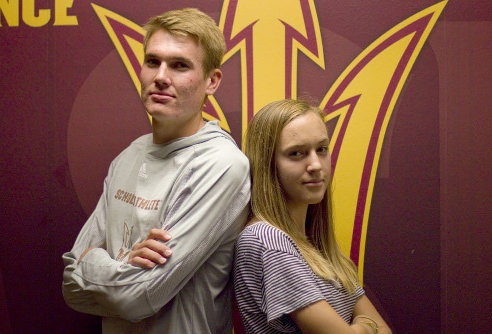 Siblings John Reniewicki, left, a redshirt sophomore, and freshman Megan Reniewicki, right, are cross country runners on the ASU team. The duo posed for a portrait in Nadine and Ed Carson Center in Tempe, Arizona, on Wednesday, Sept. 14, 2016. 