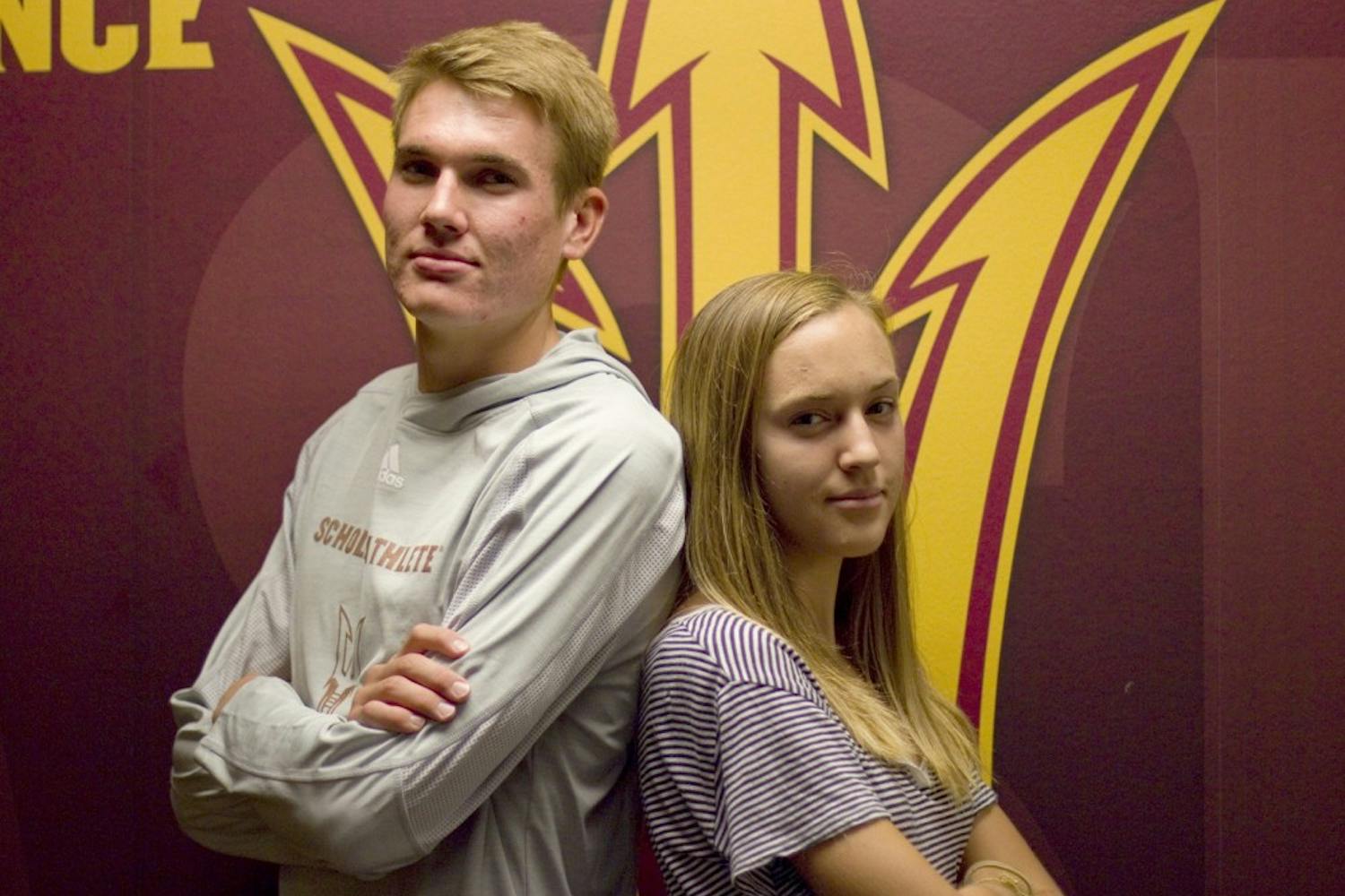 Siblings John Reniewicki, left, a redshirt sophomore, and freshman Megan Reniewicki, right, are cross country runners on the ASU team. The duo posed for a portrait in Nadine and Ed Carson Center in Tempe, Arizona, on Wednesday, Sept. 14, 2016. 
