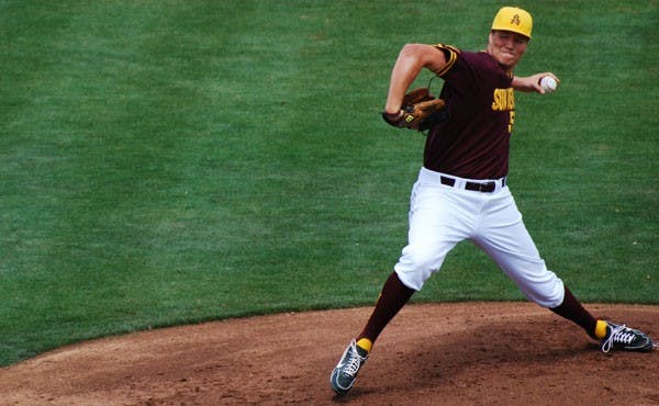 Sophomore pitcher Adam McCreery throws a pitch during the Sun Devils' 2-0 win over No. 4 UCLA Saturday. ASU dropped the only game of its three-game series with the Bruins Saturday despite recording a season-high 19 hits. (Photo by Murphy Bannerman)