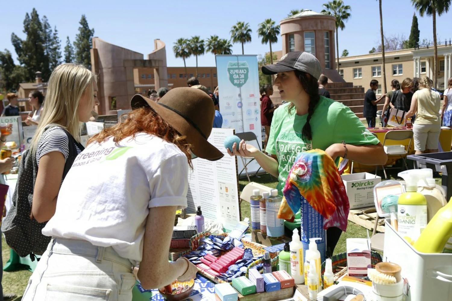 Tables promoting eco-friendly products are set up for the ASU Earth Festival 2017 on Hayden Lawn in Tempe, Arizona on Wednesday, April 19, 2017. 