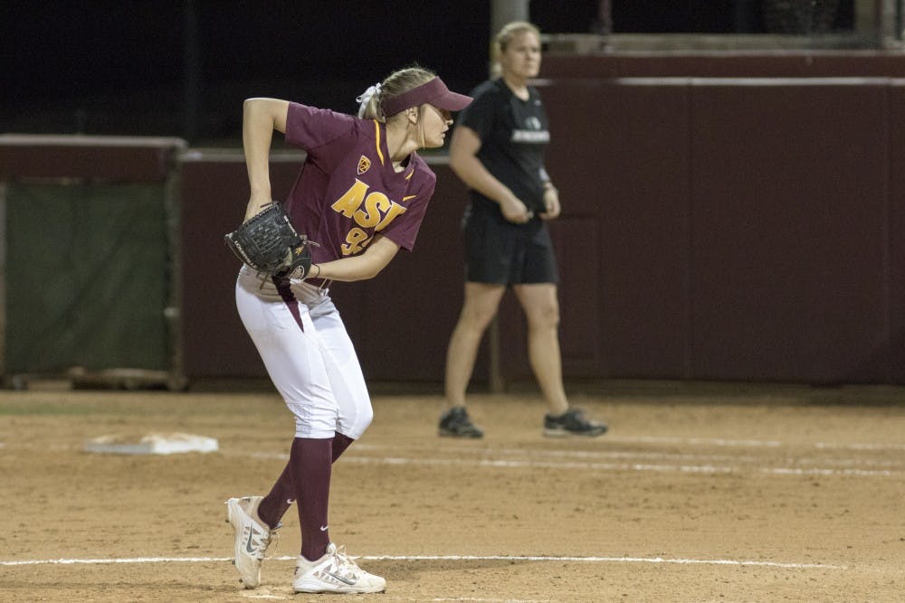 Freshman Breanna Macha throws a no-hitter against Binghamton at Farrington Stadium on Friday Feb. 27,2015. (Jacob Stanek/State Press)