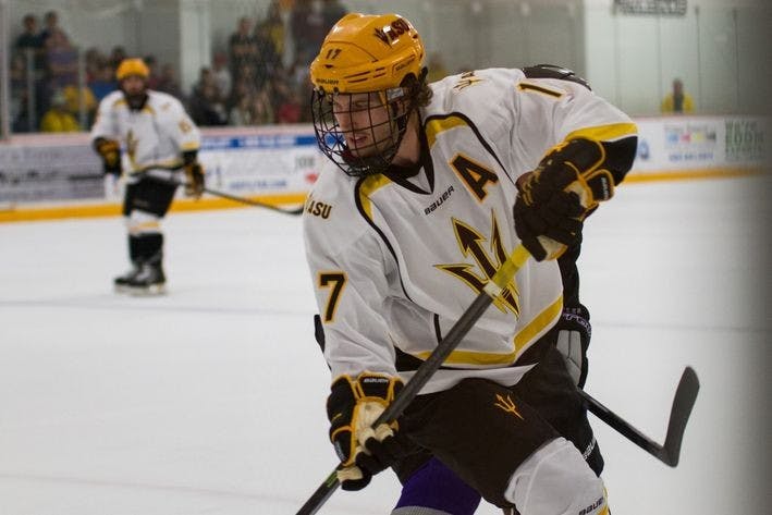 Sophomore forward Ryan Ostertag skates in a game in September. Reports indicate that Ostertag may be out for the season. (Photo courtesy of Courtney Pedroza/House of Sparky)