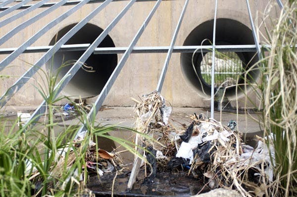 WATER WASTE: ASU engineering students are working to solve the massive trash problem in the Rio Salado Habitat in Phoenix. (Photo by Scott Stuk)