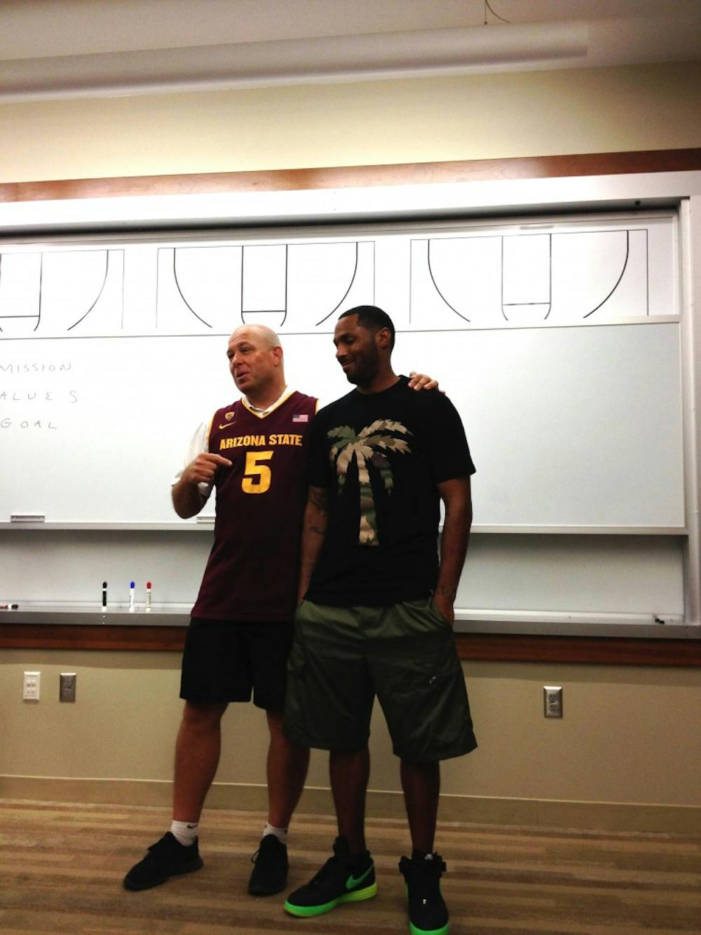 Head basketball coach Herb Sendek and Eddie House stand together in the press room at ASU’s Tempe campus. Sendek announced that House’s jersey is to be retired sometime during the 2013-14 season. (Photo by Nicholas Palomino Mendoza.)