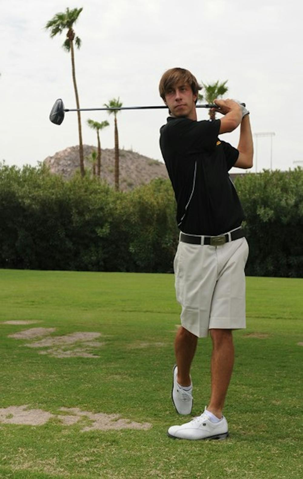 STRONG OPENER: ASU freshman Stan Gautier takes a swing at the Karsten driving range during media day on Sept. 2. Gautier’s first-round 68 helped the Sun Devils to an eighth-place finish at the Tucker Invitational. (Courtesy of Maggie Emmons)