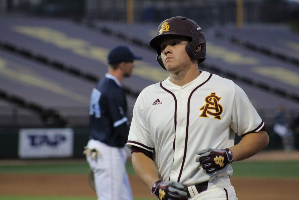 ASU redshirt sophomore&nbsp;right fielder&nbsp;Coltin Gerhart heads back to the dugout after flying out in the first inning of a 6-3 loss to San Diego on Tuesday, March 22, 2016 at Phoenix Municipal Stadium.&nbsp;