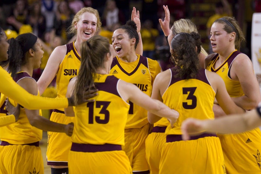 ASU freshman guard Reili Richardson (1) (center) celebrates with her teammates after winning the ASU Classic Tournament by beating the no. 19 ranked Florida Gators in Wells Fargo Arena in Tempe, Arizona on Sunday, Dec. 4, 2016. ASU won 69-63, putting them at 5-2 on the season.