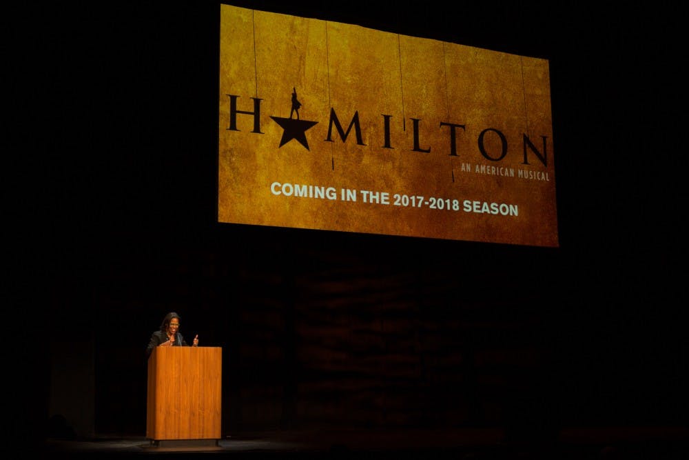 Colleen Jennings-Roggensack hosts the 2016-2017 Gammage Season Announcement Event in the Gammage theater on Monday, March 21, 2016. The musical Hamilton will be coming to Gammage as part of the 2017-2018 season.