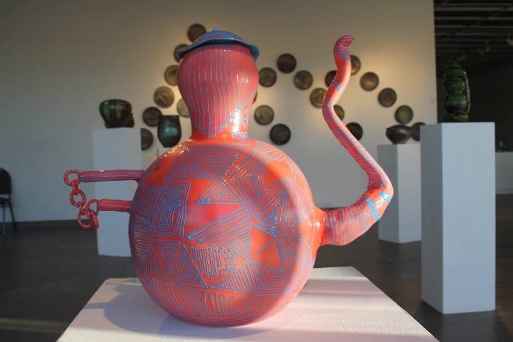 Ceramics senior Christopher Ryan Phillips presents his stoneware&nbsp;piece "Peter Parker"&nbsp;in "Dwellers on the Threshold" exhibit as pictured in the ASU Gallery 100 on&nbsp;Feb. 15, 2016&nbsp;