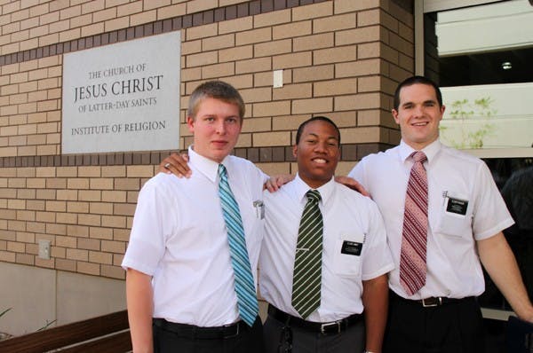 COMING HOME: Mormon missionaries Elders Allen, May and Ricker pose outside the Latter-Day Saints’ Tempe Institute of Religion on the Tempe campus Sept. 15. (Photo by Rosie Gochnour)