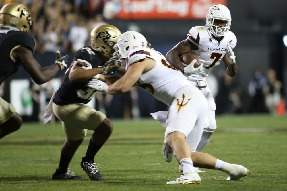 Arizona State junior wide receiver Kalen Ballage runs the ball on Saturday, Oct. 15, 2016, in Folsom Field in Boulder, Colorado. The Colorado Buffaloes went on to defeat the Sun Devils 40-16.