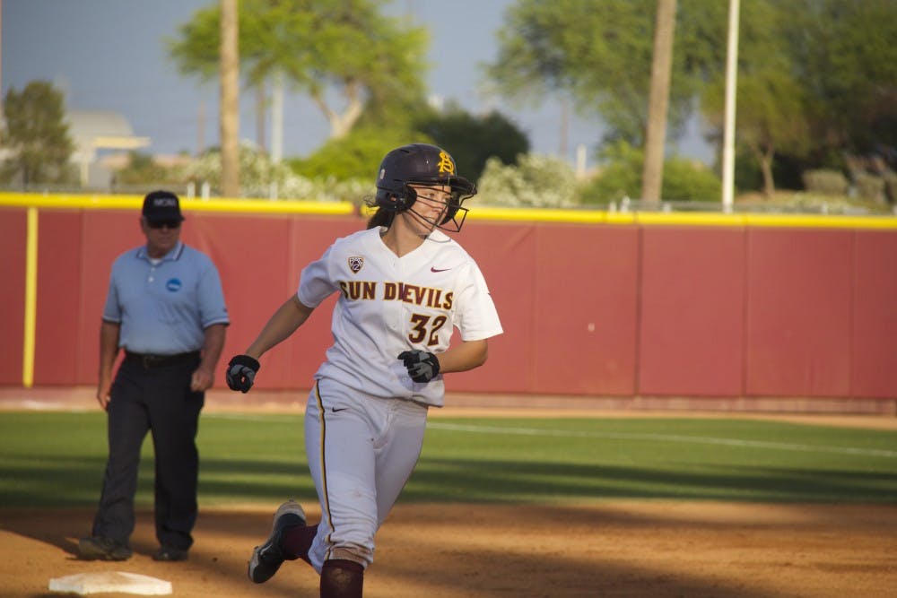 Junior third baseman Haley Steele happily runs to home plate after hitting a home run during game two of the NCAA Tempe Regional Championships against the Michigan Wolverines on Sunday, May 18, at Farrington Stadium. ASU lost to Michigan 4-5. (Photo by Becca Smouse)