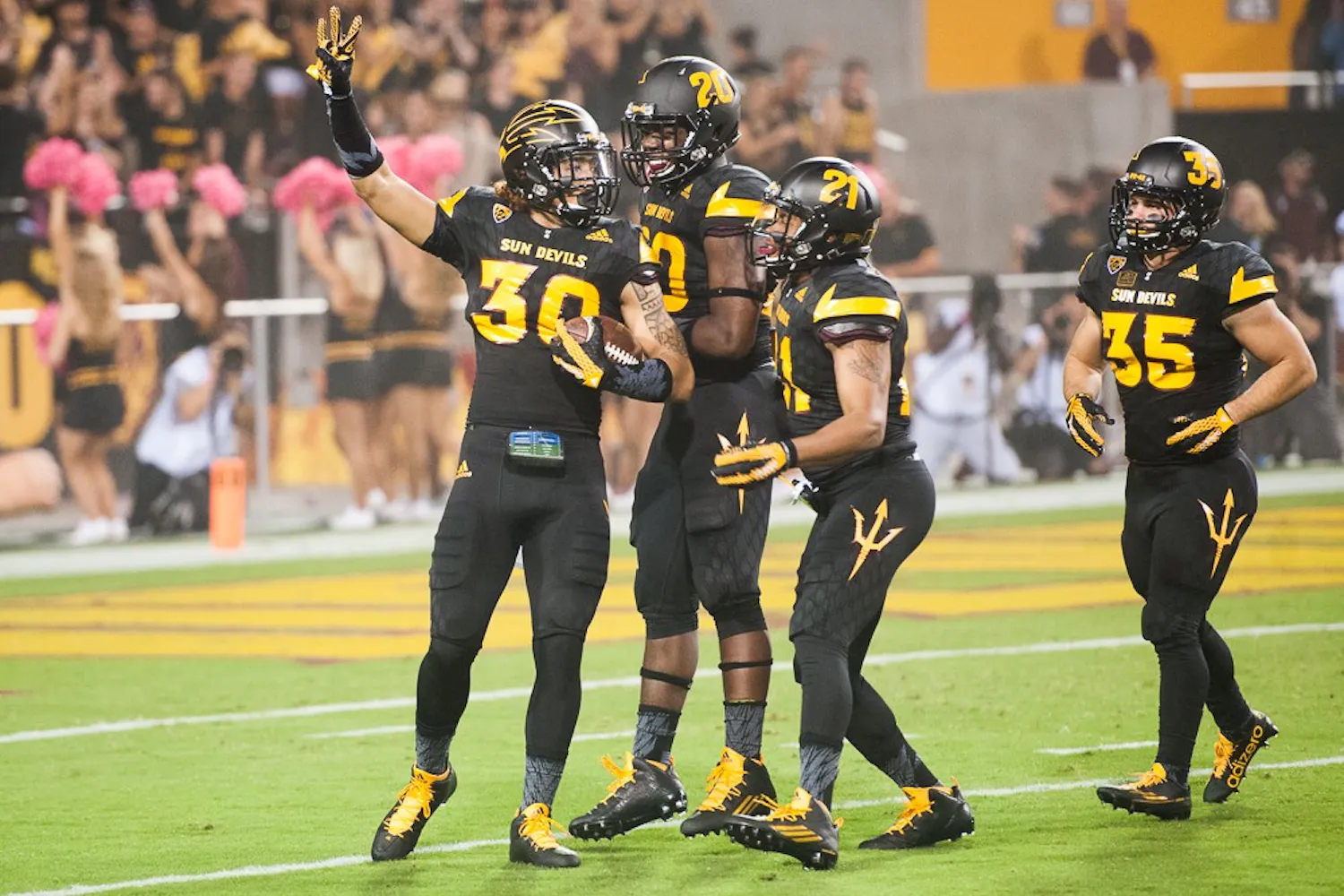 Redshirt freshman defensive back Dasmond Tautalatasi (30) celebrates after blocking a punt against Colorado on Saturday, Oct. 10, 2015, at Sun Devil Stadium in Tempe.