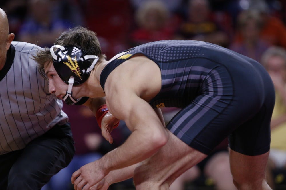 ASU’s Josh Kramer wrestles against CSU Bakersfield at the Wells Fargo Arena in Tempe, Arizona on Thursday, Feb. 9, 2017. ASU won overall 26-15.