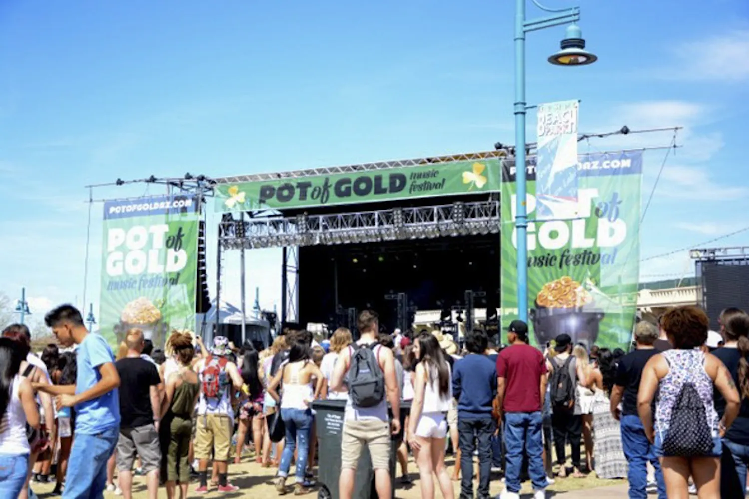 Pot of Gold fans stand in front of the second stage to listen to Boston duo, Aer on March 14, 2015 at Tempe Beach Park. (Ryan Santistevan/ The State Press)