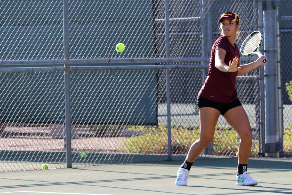 Sophomore Desirae Krawczyk prepares to strike the ball during a practice in Tempe. The women’s tennis team is preparing for its second tournament, the Thunderbird Invitational, which takes place from Nov. 8 to Nov. 10 in Tempe. (Photo by Evan Webeck)
