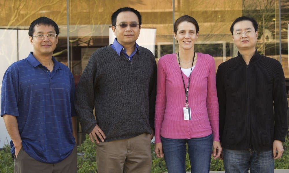 Researchers Francis Tsow, Nongjian Tao, Erica Forzani and Xiaojun Xian of ASU Biodesign Institute are the creators of Breezing. (Photo by Ana Ramirez)