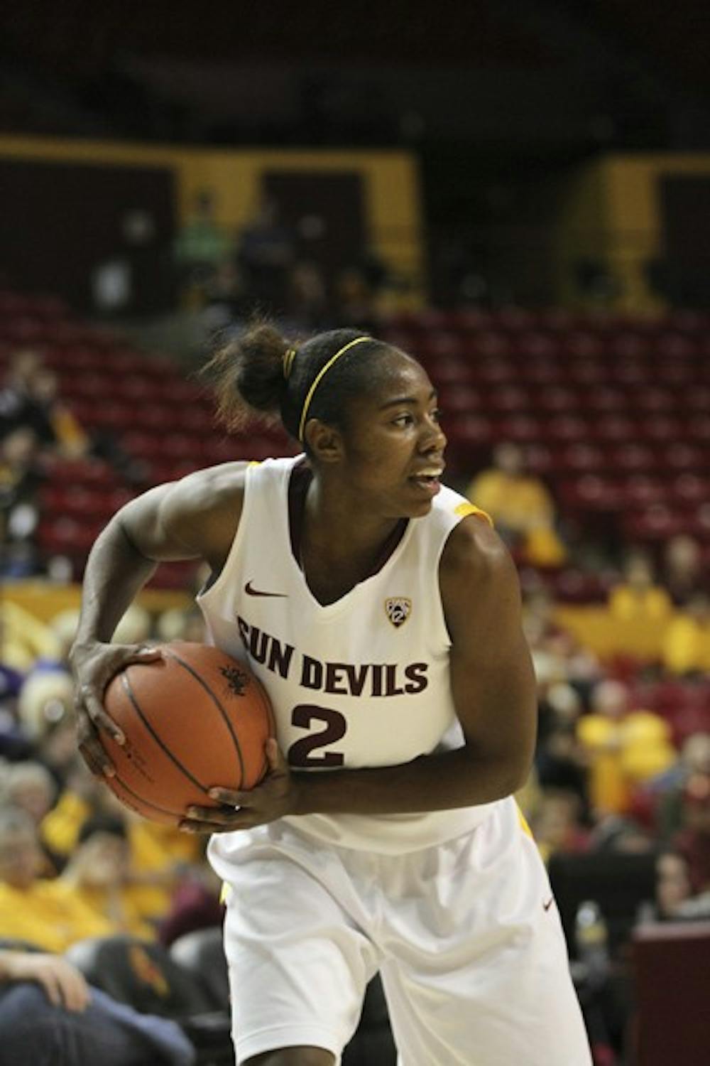 Senior guard Micaela Pickens looks for an open teammate during the Sun Devils’ 60-48 loss to USC last season on Jan. 5. (Photo by Sam Rosenbaum)
