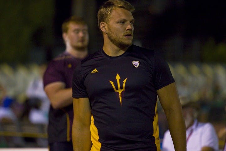 ASU redshirt senior Kyle Long competes in the men's shot put during the Sun Angel Classic on Saturday, April 8, 2017.