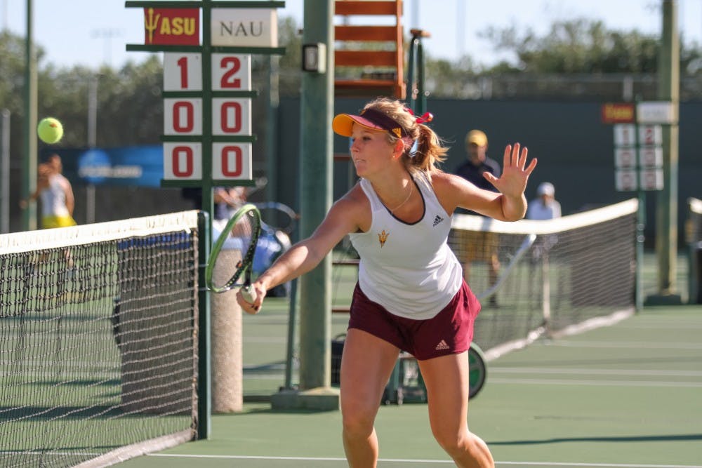 Sammi Hampton, Sophomore, competes in the 2nd round of the Doubles Tournament at the 2016 ASU Thunderbird Invitational in Tempe AZ, Nov. 5,