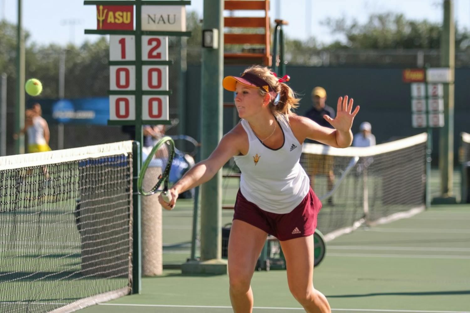 Sammi Hampton, Sophomore, competes in the 2nd round of the Doubles Tournament at the 2016 ASU Thunderbird Invitational in Tempe AZ, Nov. 5,