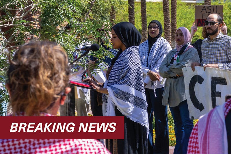 ASU alumnus Tarteel Alimam speaks at a press conference hosted by the "ASU Liberated Zone" in front of Old Main on Thursday, May 2, 2024 in Tempe.