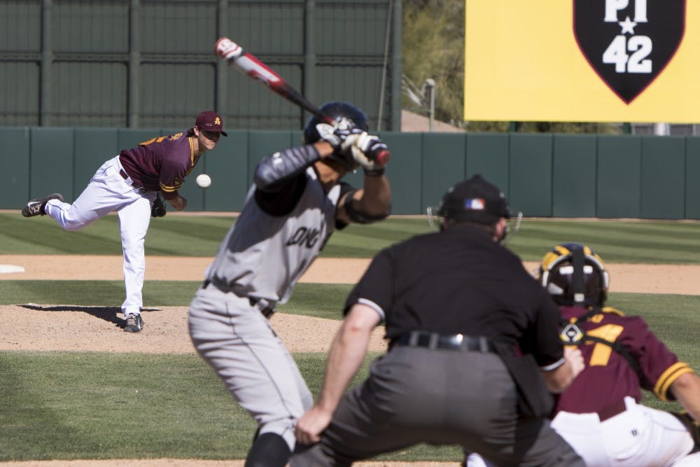 Senior Darin Gillies allows no hits in three innings pitched against Long Beach State at Phoenix Municipal Stadium on Sunday March 08, 2015. The Sun Devils defeated the Dirtbags 9-3. (Jacob Stanek/The State Press)