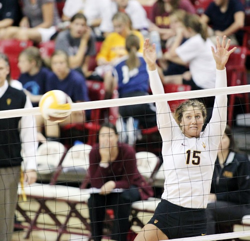 UP HIGH: Redshirt sophomore outside hitter Ashley Kastl extends to stop the ball during the Sun Devils’ 3-2 loss to Washington State on Sept. 23. Kastl has been a bright spot for the ASU volleyball team despite their recent struggles. (Photo by Rosie Gochnour)