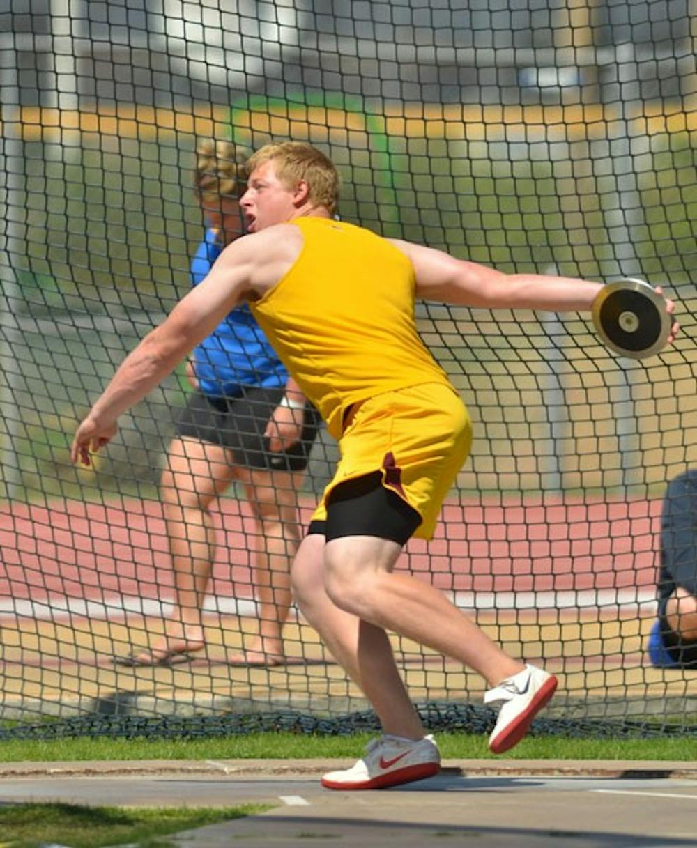Youth Movement: Redshirt freshman Roger Dolan gets ready to release the discus at the ASU Invite in Tempe on March 26. The Sun Devils are reloading their roster, which has 47 athletes in their first or second season of NCAA competition. (Photo by Aaron Lavinsky)
