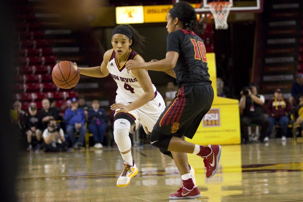 ASU freshman guard Kiara Russell (4) tries to drive around USC guard Courtney Jaco during a women's basketball game against the University of Southern California Trojans in Wells Fargo Arena in Tempe, Arizona on Friday, Feb. 24, 2017. ASU won 69-62. (Josh Orcutt/State Press)