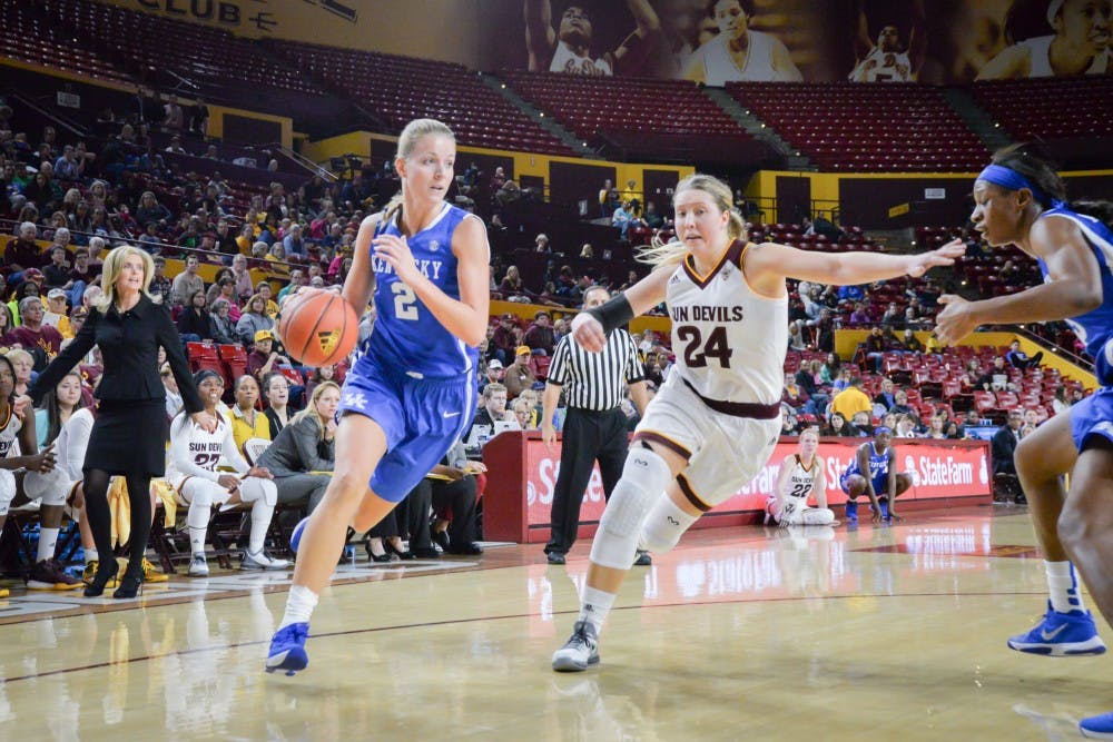 Arizona State junior&nbsp;Kelsey Moos defends Kentucky center&nbsp;Ivana Jakubcova&nbsp;on Sunday, Nov. 15, 2015, at the Wells Fargo Arena in Tempe, Arizona.&nbsp;