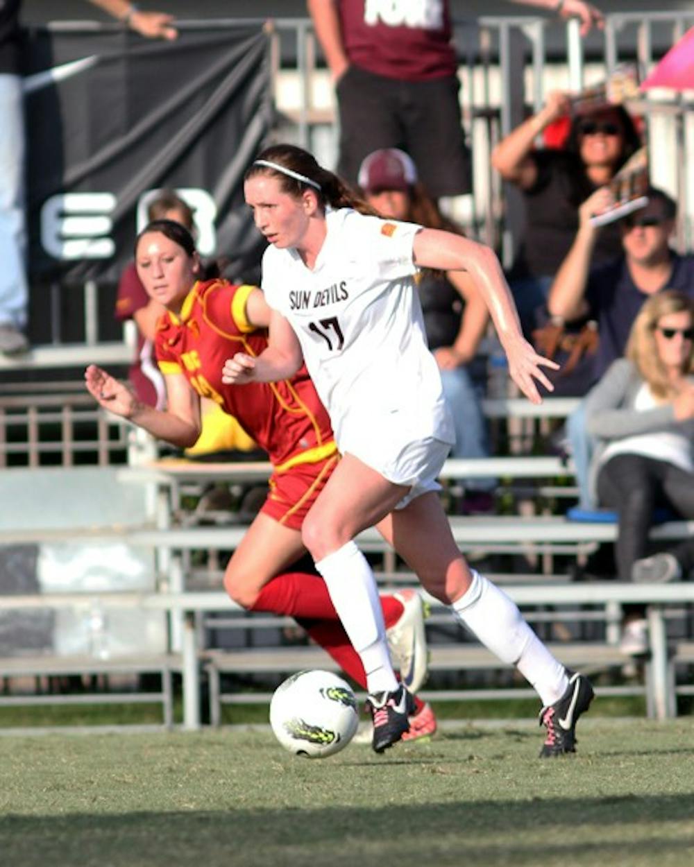 FINAL HOMESTAND: ASU senior defender Kate Sangster moves the ball up field during ASU’s overtime loss to USC last weekend. Sangster will play her final home game as a Sun Devil on Sunday. (Photo courtesy of Steve Rodriguez)