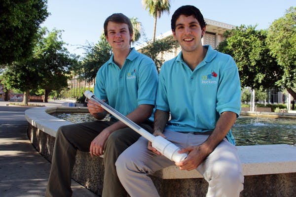 A group of five engineering students were finalists of the Dell Social Innovation Challenge, including senior Mark Huerta and junior Connor Wiegand, for their development of a filtration system designed to remove arsenic from water in communities in Bangladesh. (Photo by Shawn Raymundo)