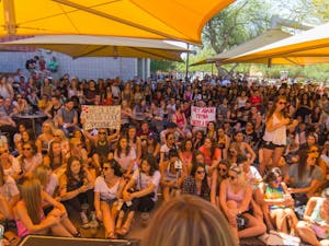 ASU students wait outside of the Campus Bookstore on Wednesday, April  20, 2016, for Adam DeVine and Anna Kendrick, who are here to promote  their new movie, Mike and Dave Need Wedding Dates.