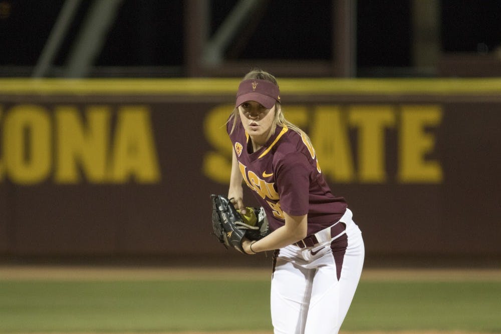 Freshman Breanna Macha throws a no-hitter against Binghamton at Farrington Stadium on Friday Feb. 27,2015. (Jacob Stanek/State Press)