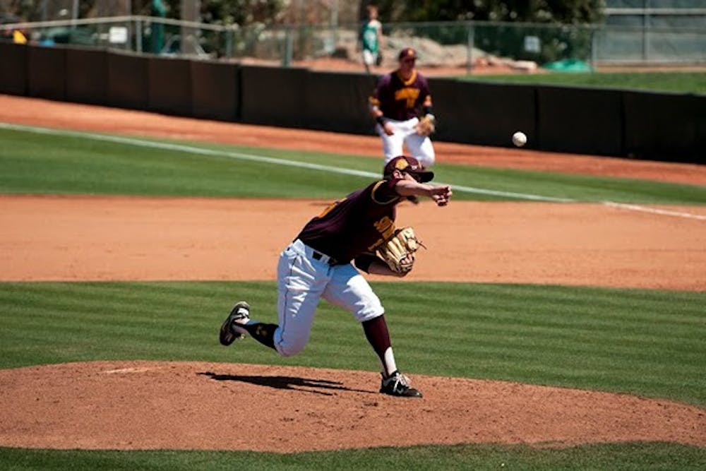 Sophomore right-handed pitcher Darin Gillies releases the ball in a home game against California on April 13. (Photo by Mario Mendez)