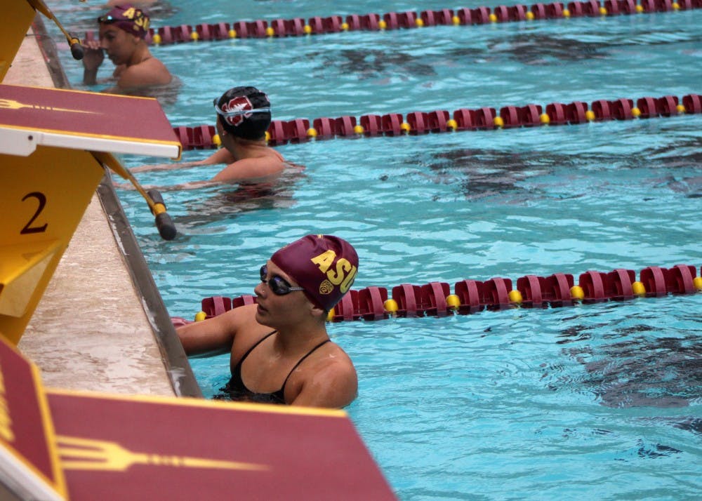 The ASU swim and dive team finishes a relay in a match&nbsp;against Stanford on Jan. 20, 2017.