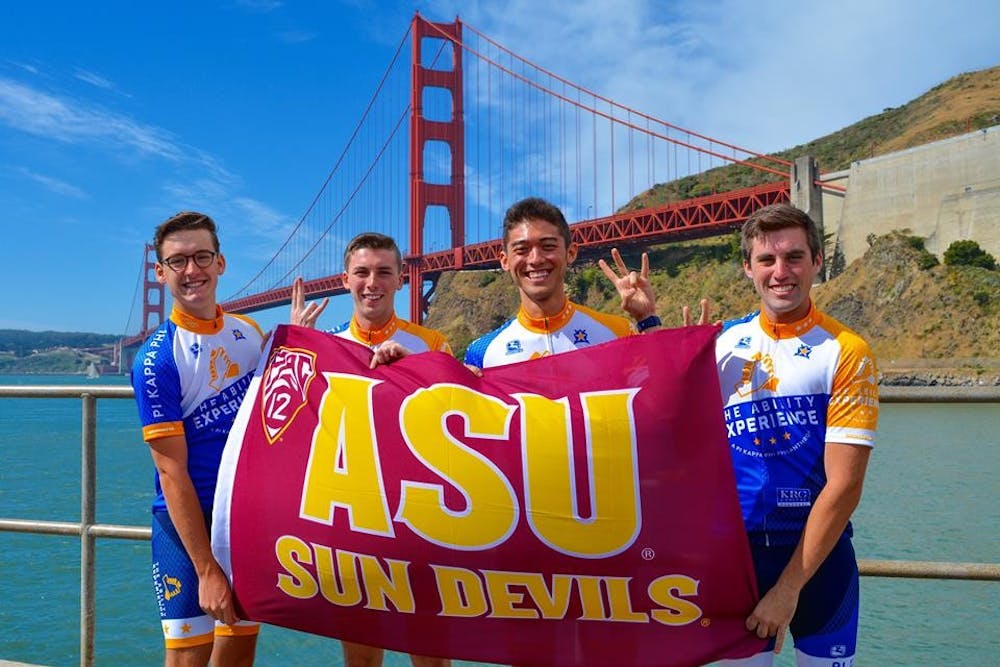 ASU Pi Kappa Phi members Jackson Roy, Logan Hecht, Austin Miller and Drew Cring pose in front of San Francisco's Golden Gate Bridge during the first leg of their journey. The bikers began in San Francisco, and finished in Washington D.C. on August 13.