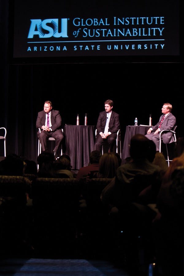 Mayors Scott Smith of Mesa, Greg Stanton of Phoenix, and Mark Mitchell of Tempe (from left to right)  discussed planning for sustainability in their cities Tuesday night at the Mesa Arts Center. (Photo by Vince Dwyer)