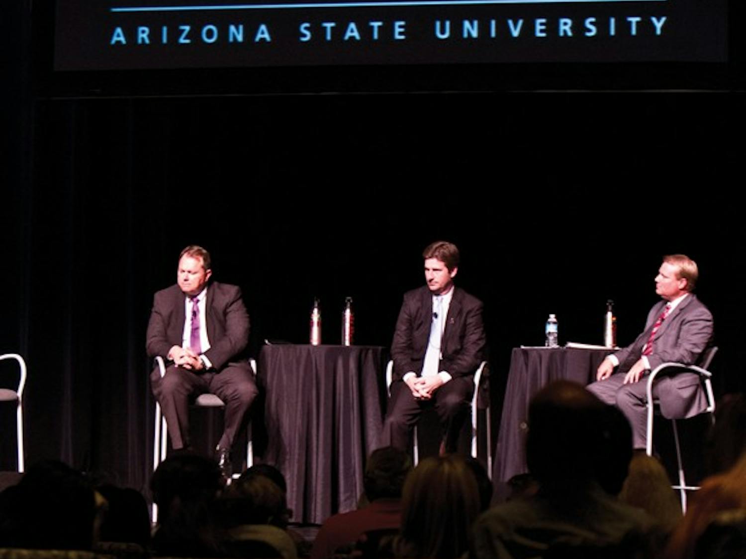Mayors Scott Smith of Mesa, Greg Stanton of Phoenix, and Mark Mitchell of Tempe (from left to right)  discussed planning for sustainability in their cities Tuesday night at the Mesa Arts Center. (Photo by Vince Dwyer)