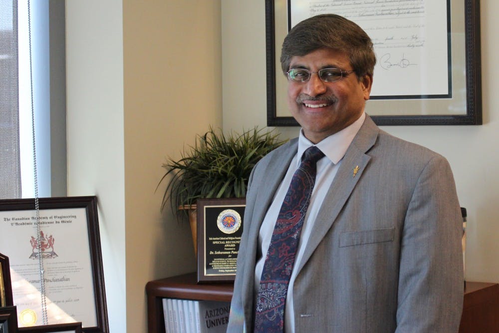 Professor Sethuraman Panchanathan poses for a portrait in his office in the Fulton Center on Friday, March 25, 2016.