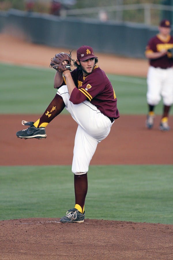 Trevor Williams prepares to deliver a pitch in a game against Oregon State on April 6. Williams pitched a four-hit, complete game shutout to help the Sun Devils sweep the Trojans last weekend. (Photo by Sam Rosenbaum)