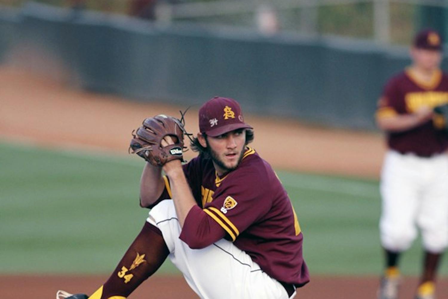 Trevor Williams prepares to deliver a pitch in a game against Oregon State on April 6. Williams pitched a four-hit, complete game shutout to help the Sun Devils sweep the Trojans last weekend. (Photo by Sam Rosenbaum)