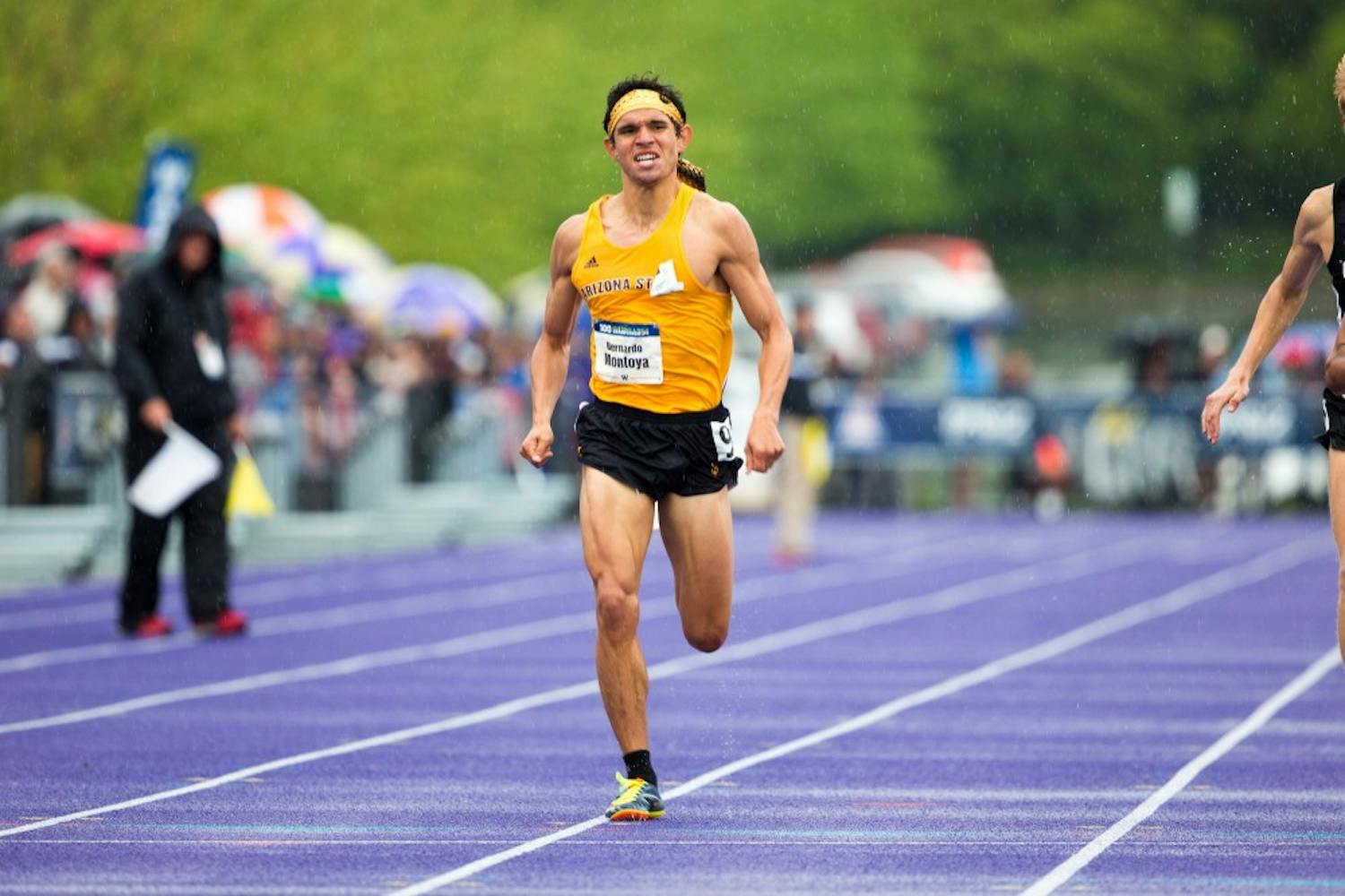 ASU senior distance runner,&nbsp;Bernie Montoya,&nbsp;sprints toward the finish line during the 2015 Pac-12 Track and Field Championships at the University of Washington. 