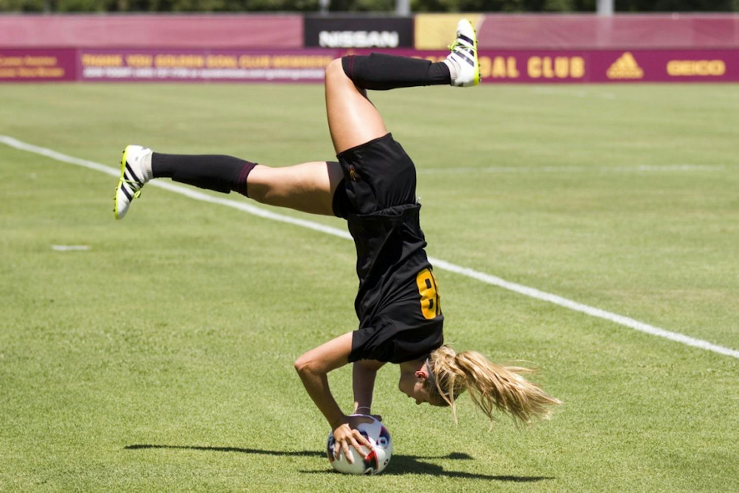 Freshman defender Hailey Zerbel flip-throws a ball inbounds during the second half of an exhibition game against Beijing Normal in Sun Devil Soccer Stadium in Tempe, Arizona, on Saturday, August 27, 2016. Arizona State lost the exhibition game to Bejing Normal, 1-0.
