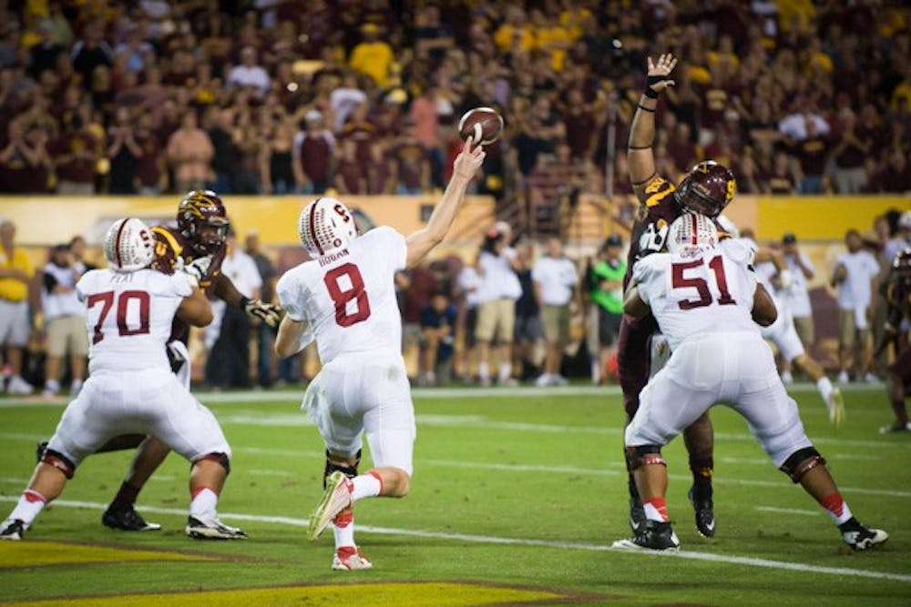 Junior defensive tackle Jaxon Hood tips a pass on a 3rd down to force a Stanford punt in the 4th quarter of the game against Stanford on Oct. 18. ASU defeated Stanford 26-10. (Photo by Andrew Ybanez)