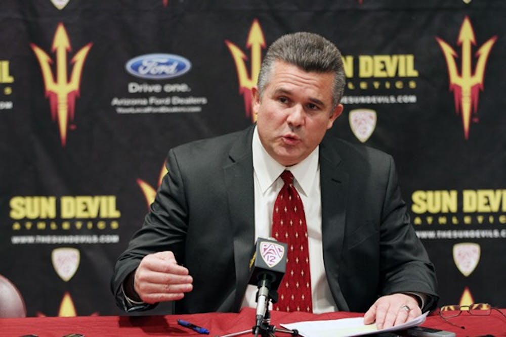 Todd Graham announces the 2012 recruiting class for the ASU football program Wednesday. Two local products, running back D.J. Foster and defensive lineman Jaxon Hood, headline the class. (Photo by Sam Rosenbaum)