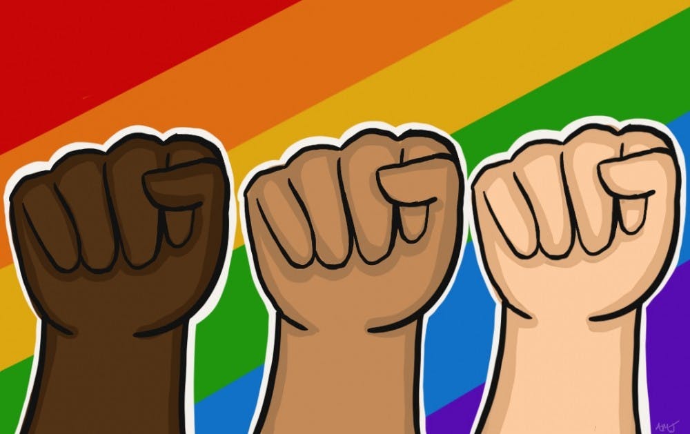 animated Picture of three hands/LGBTQ+ community
