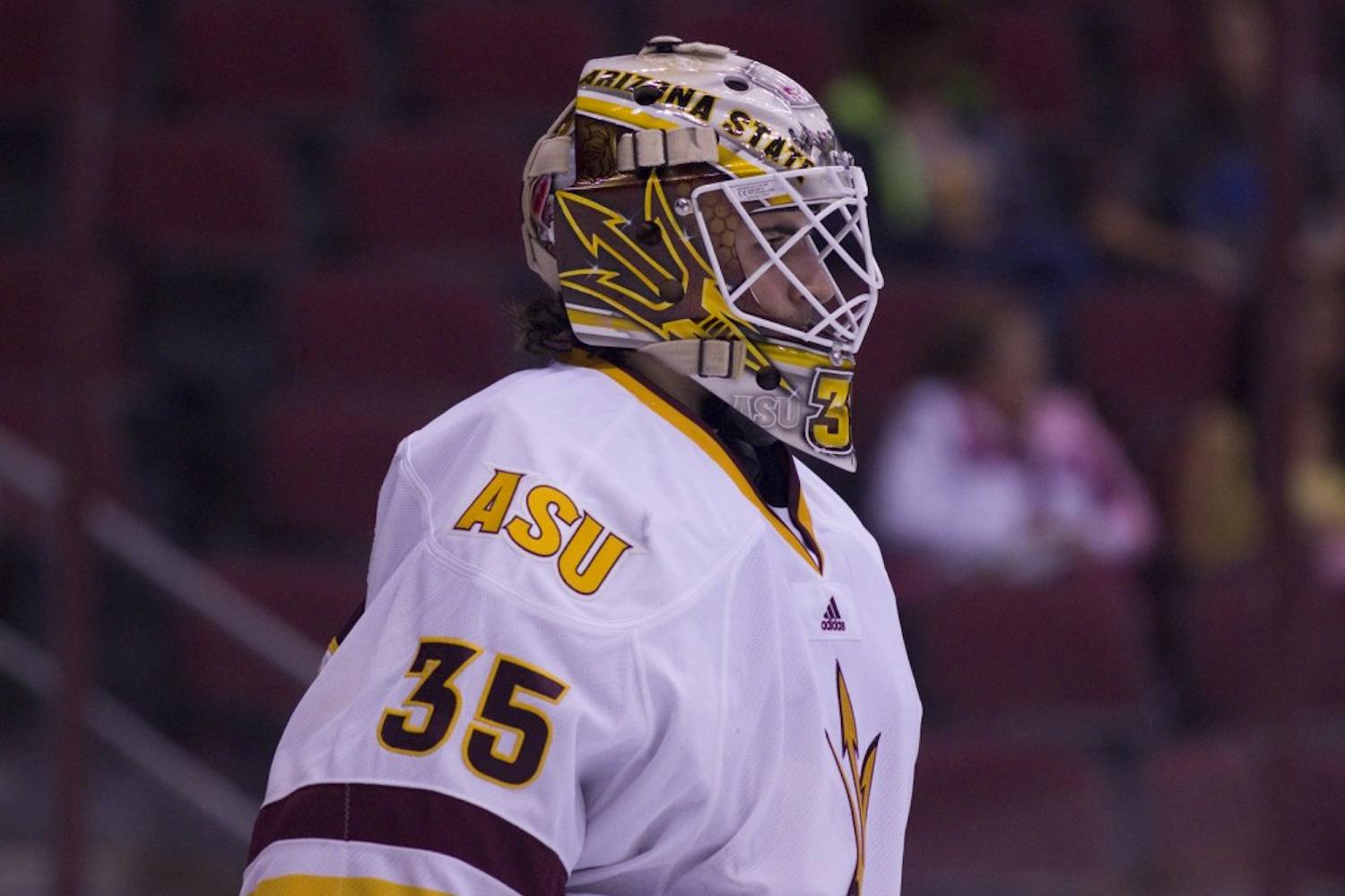 ASU freshman goaltender Joey Daccord (35) looks on to the rest of the ice during the second period of a 5-2 victory against Air Force in Gila River Arena in Glendale, Arizona, on Sunday, Oct. 16, 2016.